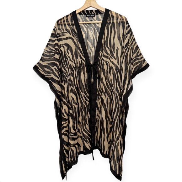Club Z Zebra Animal Print Cover Up‎ Beach Swim Pool Tunic Tie Open Sheer Kimono - Picture 2 of 9